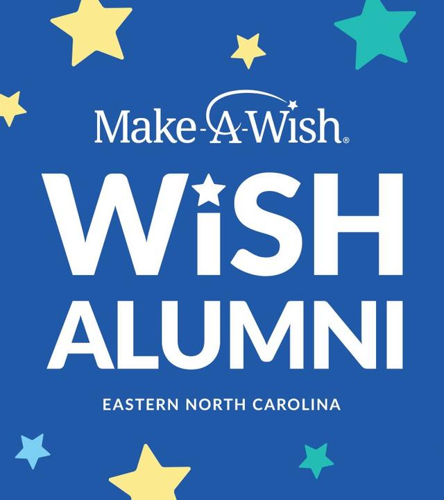 blue background with assorted color stars and Wish Alumni logo in white