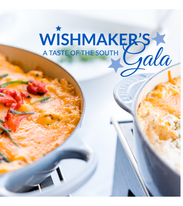 Wishmaker's Gala logo featured with bright red and orange food in a white serving dish